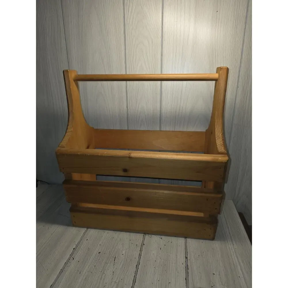 Vintage Handmade Wooden Slat Storage Basket Caddy With Handle Farmhouse Country